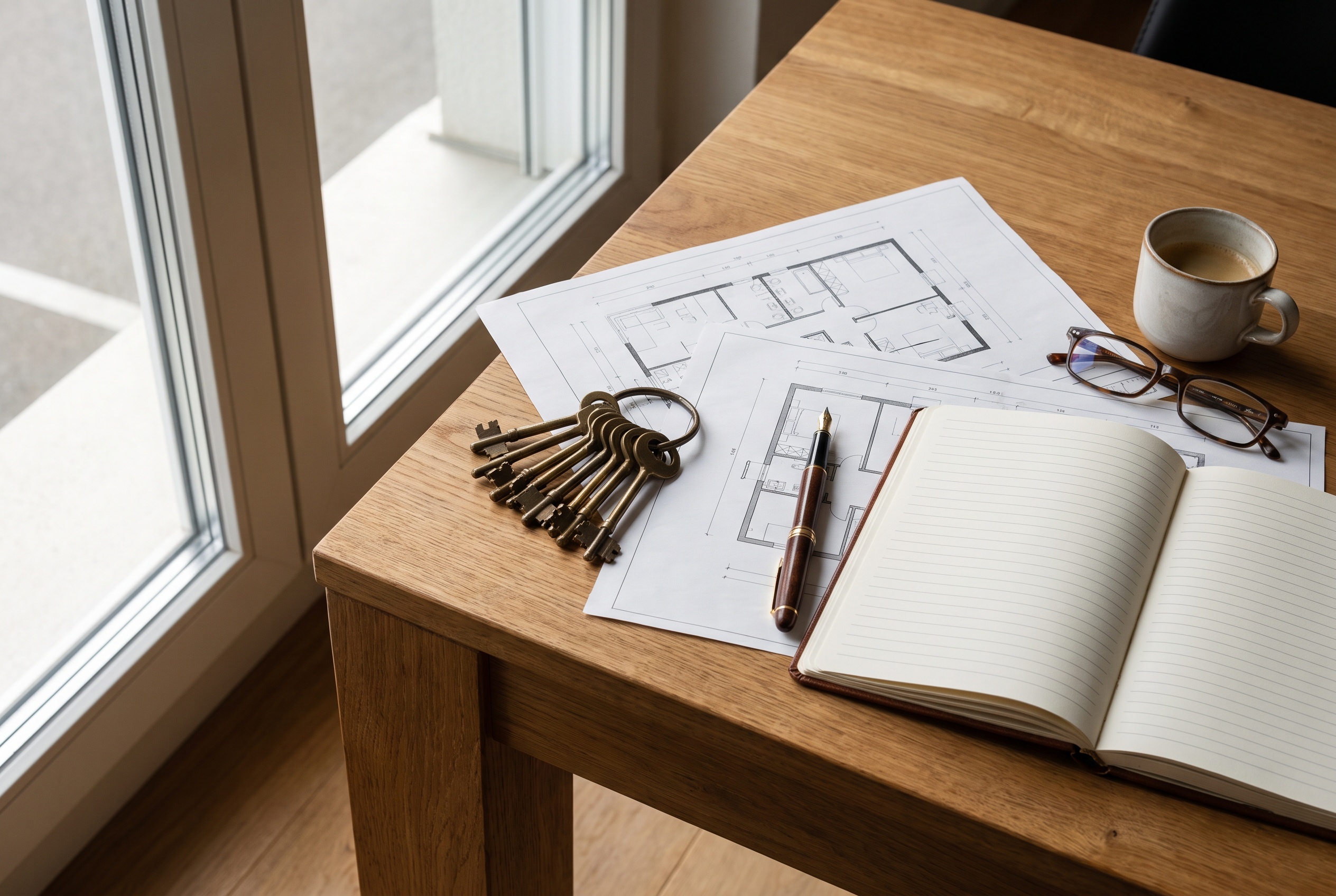 Architektur-Grundrisse, Schlüssel und Notizbuch auf einem Beratungstisch