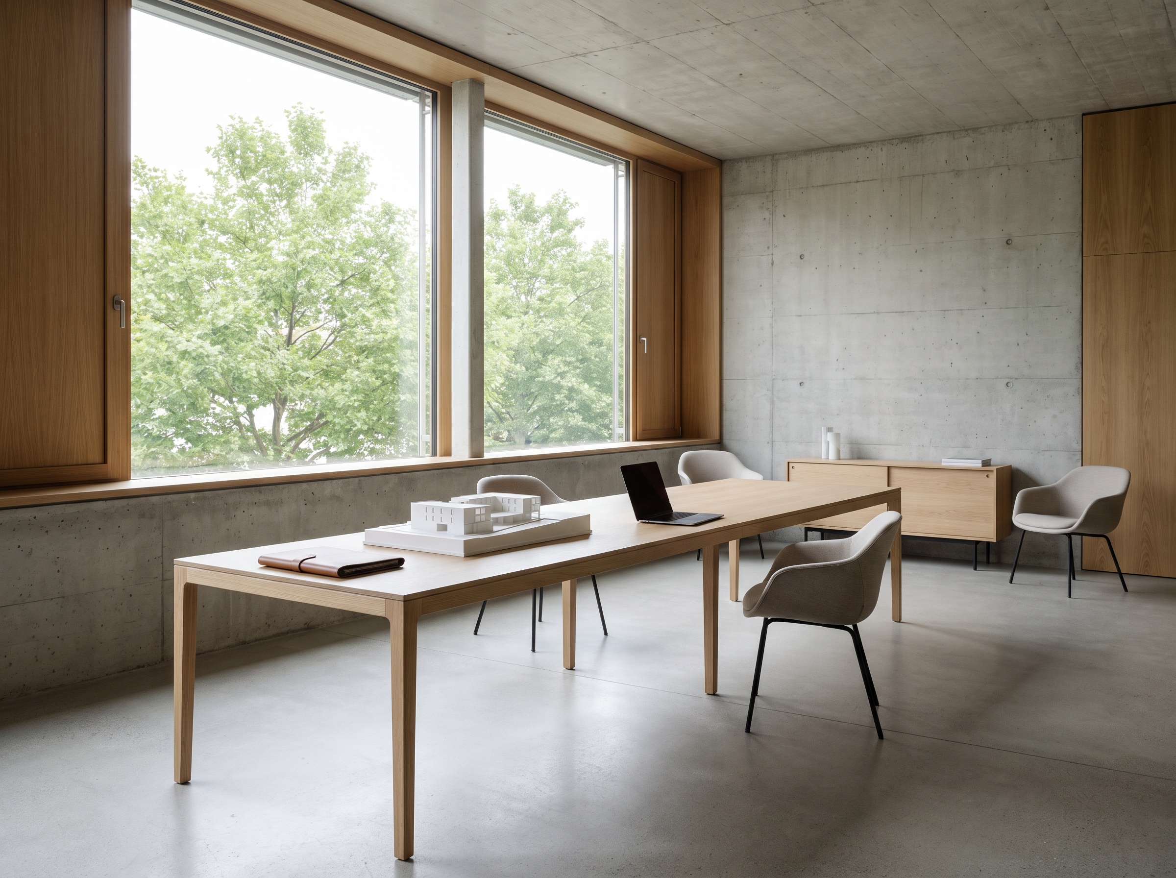Moderner Besprechungsbereich mit Architekturmodell und Laptop