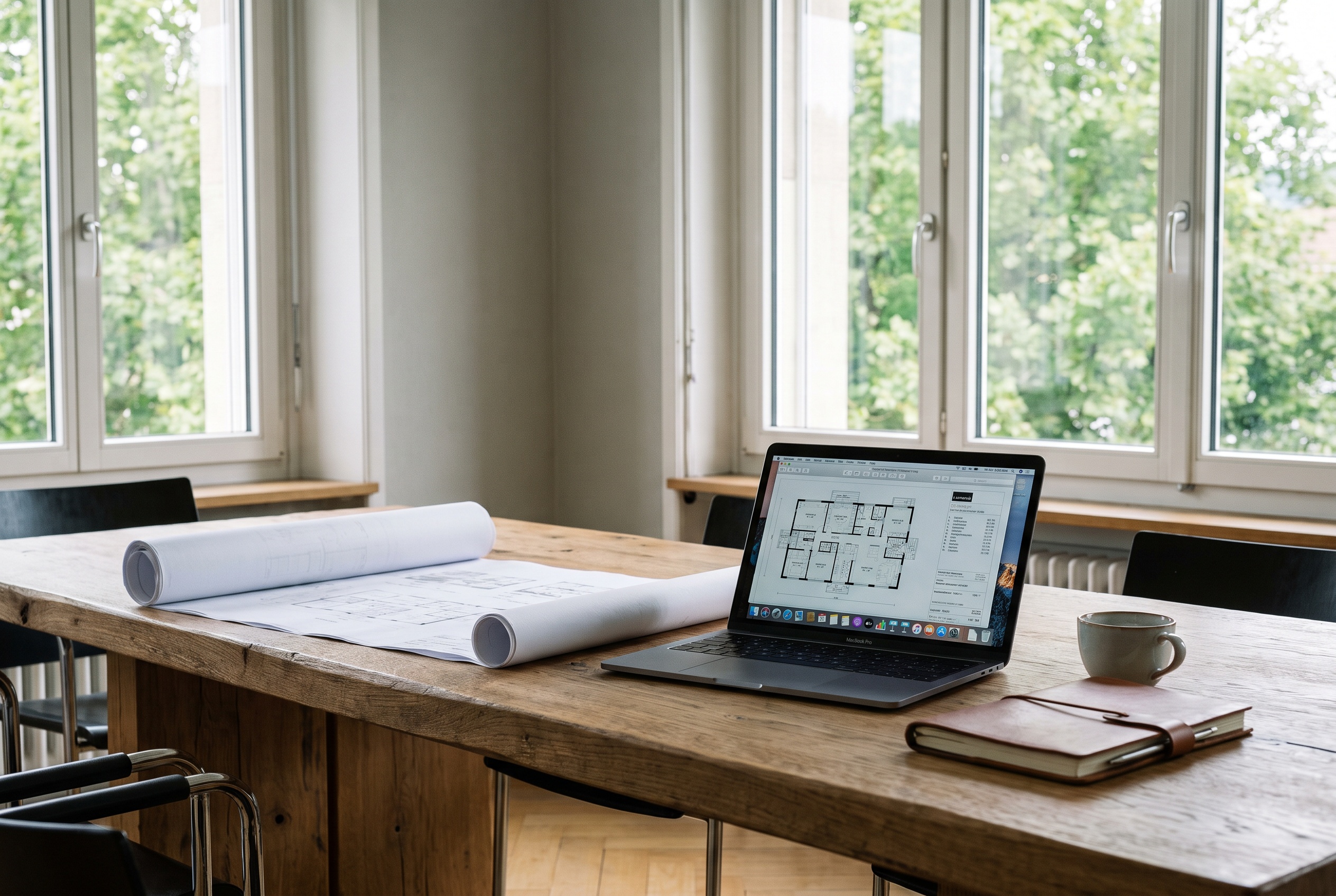 Ruhiger Besprechungsraum mit Plänen und Laptop